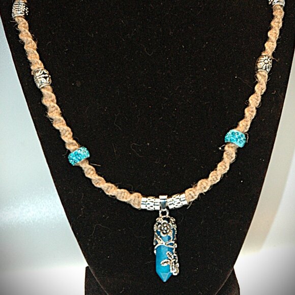 Flower Wrapped Blue Hexagonal Healing Crystal on a Handmade 22" Brown Hemp Chain - Picture 2 of 7